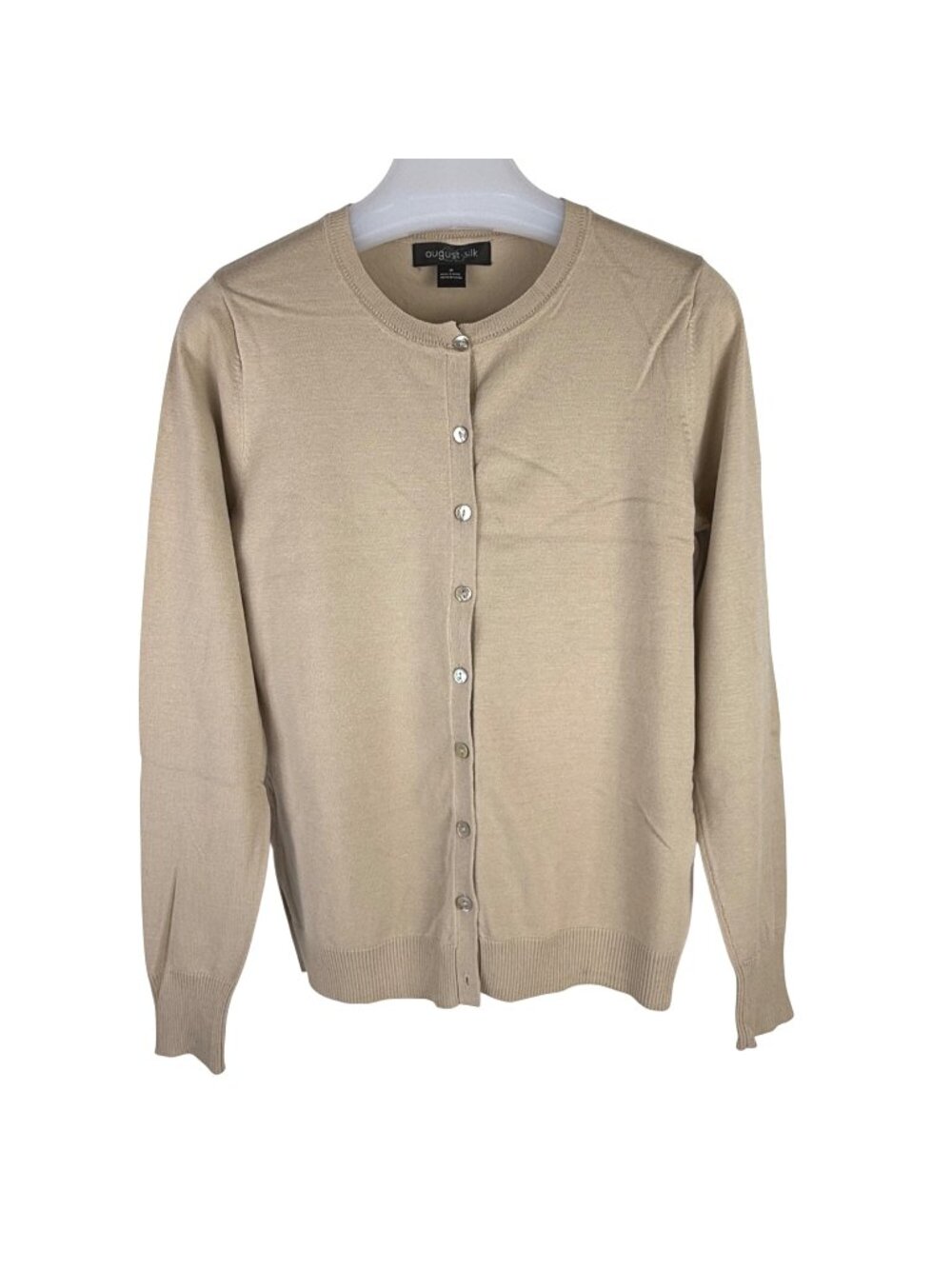 August Silk Women's Beige Crew-Neck Cardigan Sweater Long-Sleeve Size M